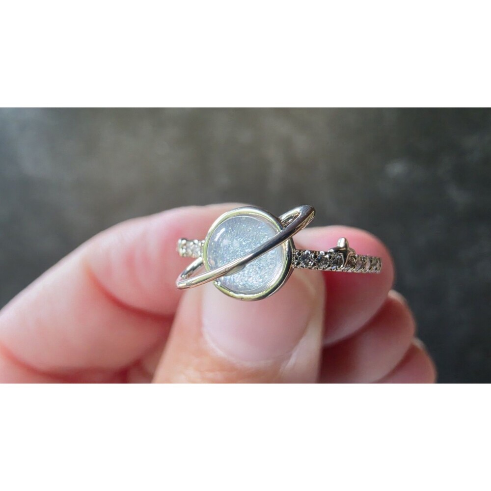 Saturn & Stars Rhinestone Silver Tone Metal Open Back Ring Size 5.5